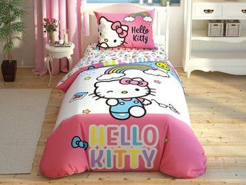 Підліткова постільна білизна TAC Disney Hello Kitty Rainbow Ранфорс / простирадло на резинці p-60240259 фото