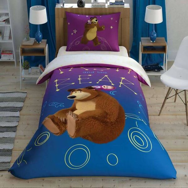 Подростковое постельное белье TAC Disney Masha & The Bear Galaxy Ранфорс / простынь на резинке p-60259678 фото
