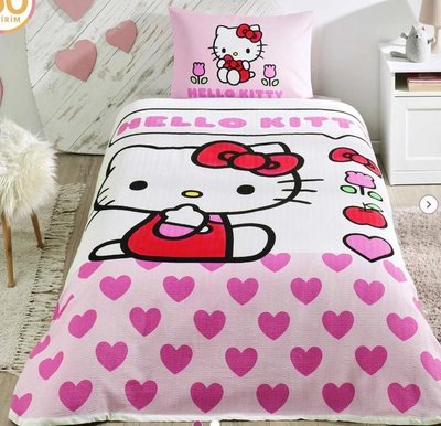 Односпальний комплект з покривалом-піке TAC Hello Kitty Love / простирадло на резинці p-60304714 фото