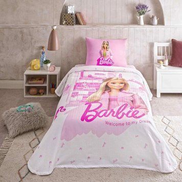 Односпальный комплект с покрывалом-пике TAC Barbie box Home / простынь на резинке p-60304720 фото